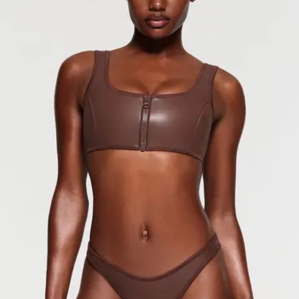 SKIMS Brown Zip-Front Bikini Top and Bottom Set